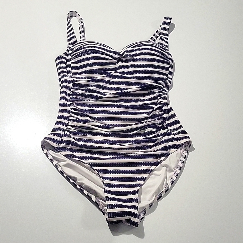 NipTuck Navy, White, Silver Striped One Piece Swimsuit Sz 4